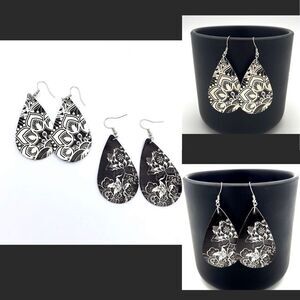2 PAIR of Black and White Teardrop Leather Floral Design Earrings